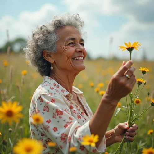 Elderly woman enjoying flowers in field