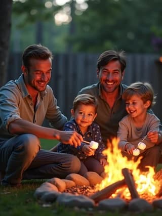 Family gathering around campfire outdoors