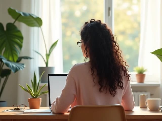 Woman working from home at desk with plants